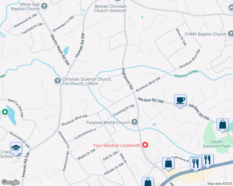 map of restaurants, bars, coffee shops, grocery stores, and more near 3210 Vail Court Southwest in Snellville