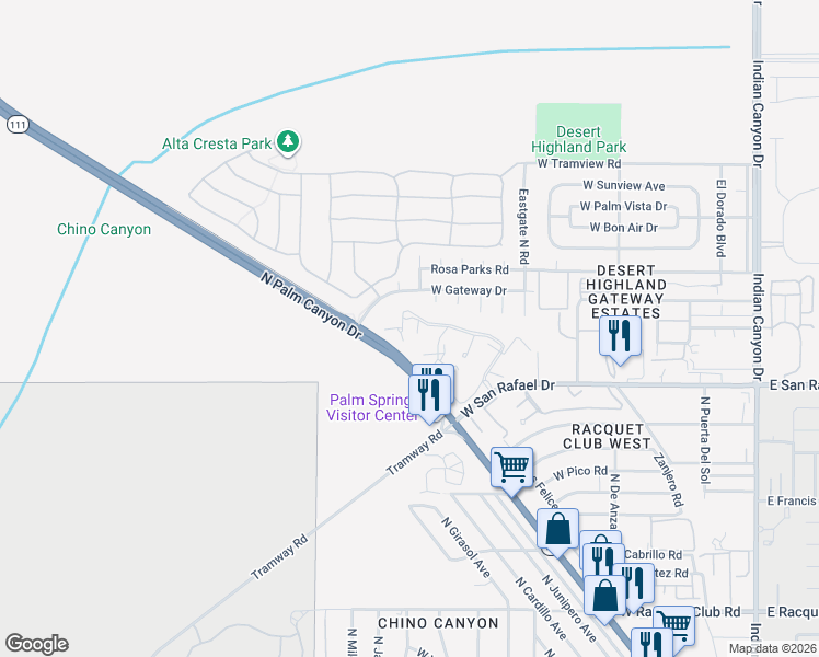 map of restaurants, bars, coffee shops, grocery stores, and more near North Los Felices Road in Palm Springs