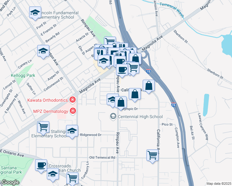 map of restaurants, bars, coffee shops, grocery stores, and more near in Corona