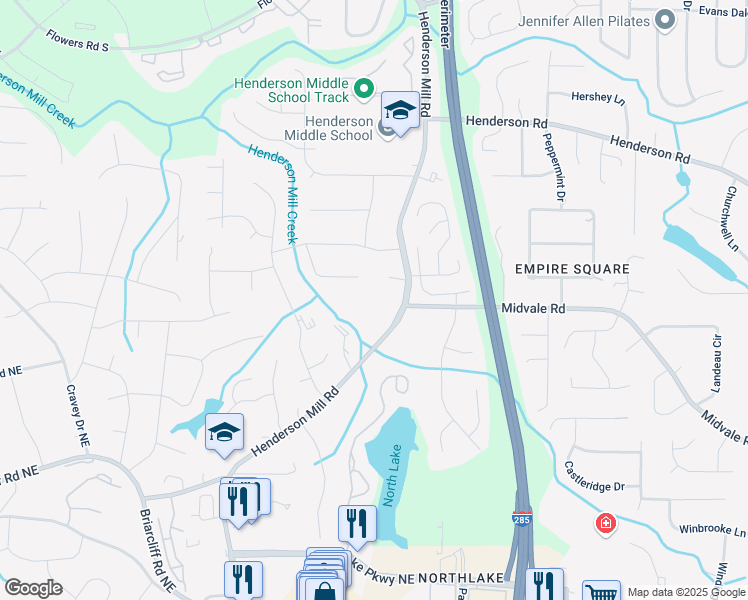 map of restaurants, bars, coffee shops, grocery stores, and more near 2610 Henderson Mill Road in Atlanta