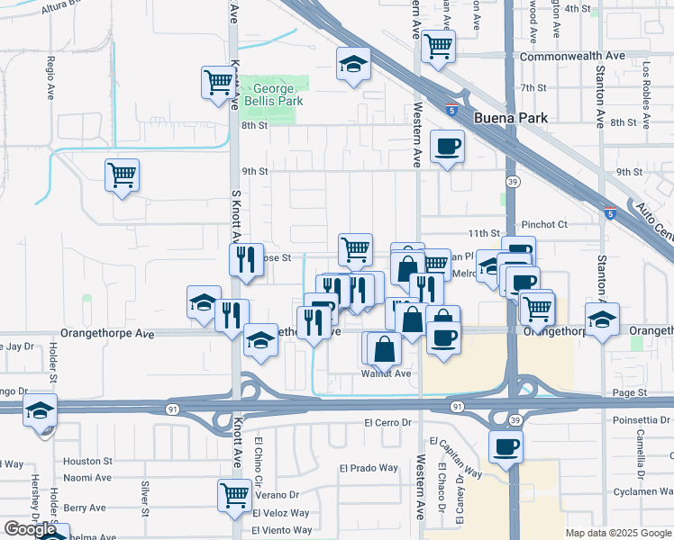 map of restaurants, bars, coffee shops, grocery stores, and more near 7252 Melrose Street in Buena Park