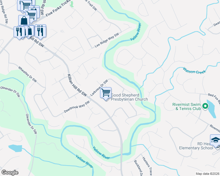 map of restaurants, bars, coffee shops, grocery stores, and more near 1335 Cresent Circle Southwest in Lilburn