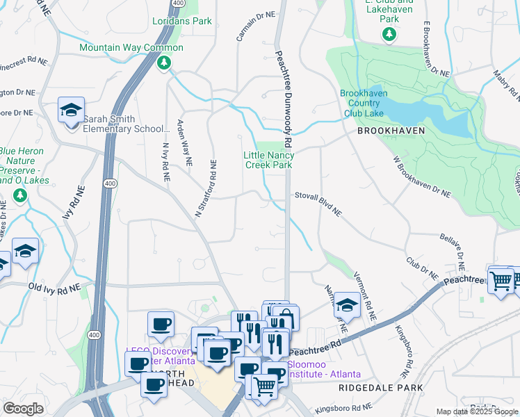 map of restaurants, bars, coffee shops, grocery stores, and more near 406 Stovall Place Northeast in Atlanta