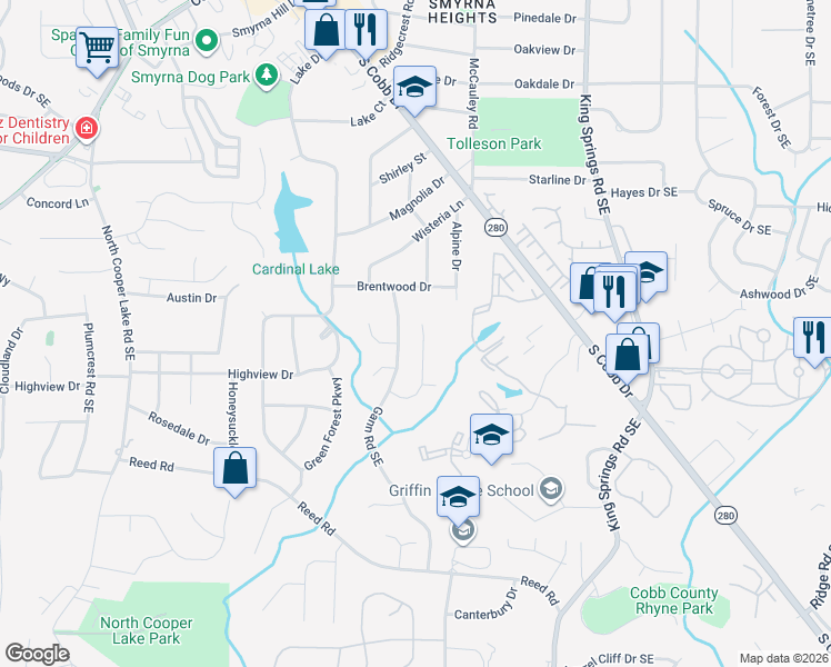 map of restaurants, bars, coffee shops, grocery stores, and more near 2320 Woodcrest Drive in Smyrna
