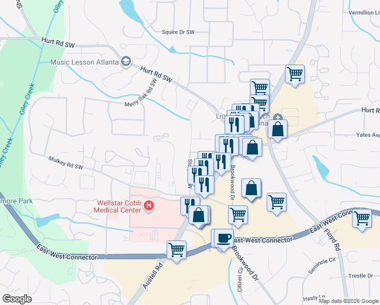 map of restaurants, bars, coffee shops, grocery stores, and more near 3754 Story Dr SW in Marietta