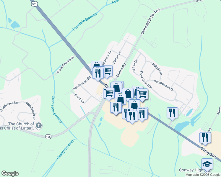 map of restaurants, bars, coffee shops, grocery stores, and more near Church Street in Conway