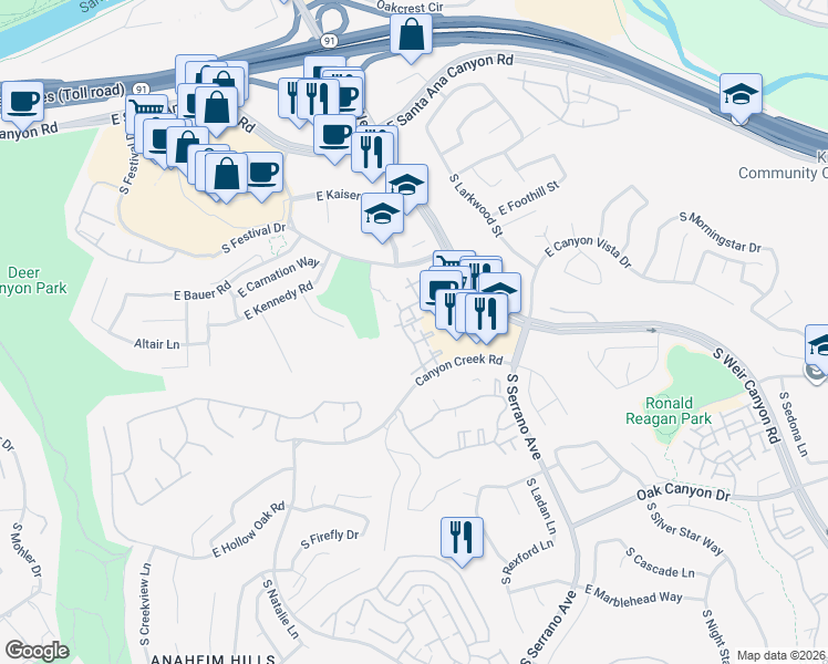 map of restaurants, bars, coffee shops, grocery stores, and more near 8018 East Snowberry Lane in Anaheim