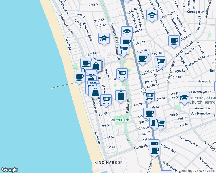map of restaurants, bars, coffee shops, grocery stores, and more near 1014 Sunset Drive in Hermosa Beach