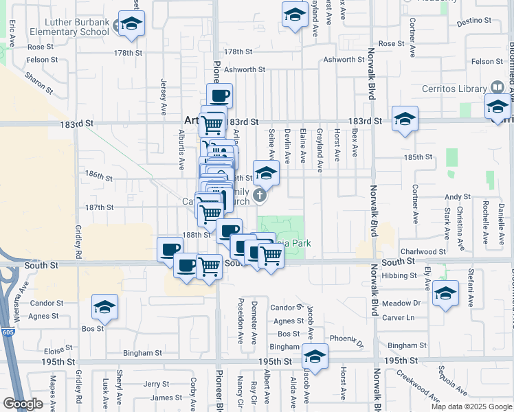 map of restaurants, bars, coffee shops, grocery stores, and more near 187th Street & Clarkdale Avenue in Artesia