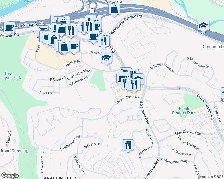 map of restaurants, bars, coffee shops, grocery stores, and more near 8018 East Snowberry Lane in Anaheim
