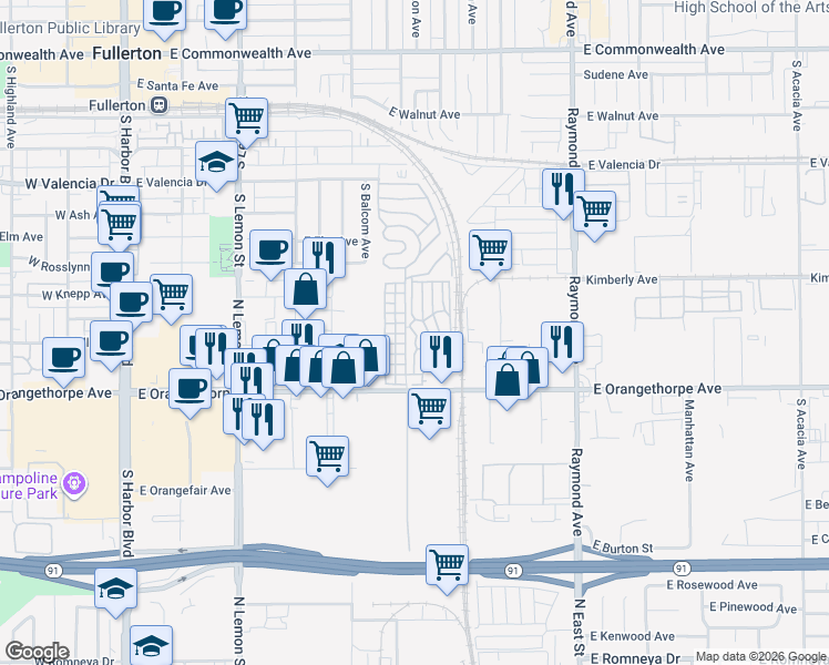 map of restaurants, bars, coffee shops, grocery stores, and more near 42 Elm Via in Anaheim