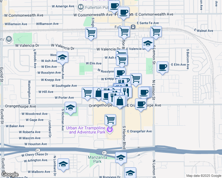 map of restaurants, bars, coffee shops, grocery stores, and more near 140 West Hill Avenue in Fullerton