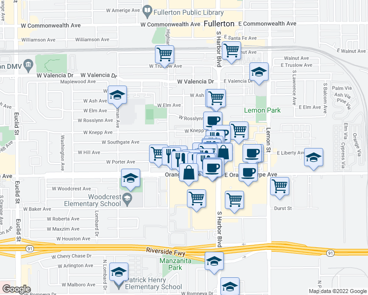 map of restaurants, bars, coffee shops, grocery stores, and more near 162 West Hill Avenue in Fullerton