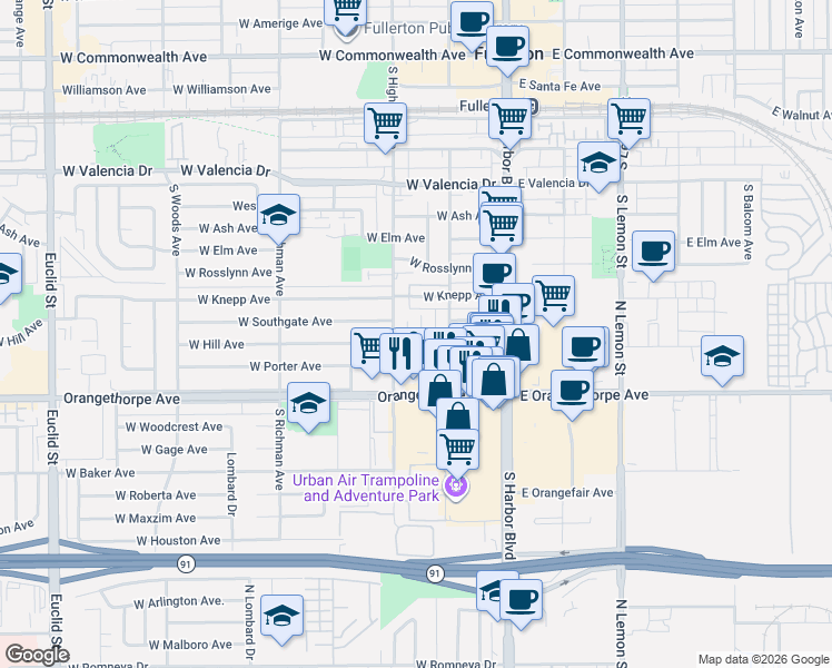 map of restaurants, bars, coffee shops, grocery stores, and more near 52 West Hill Avenue in Fullerton
