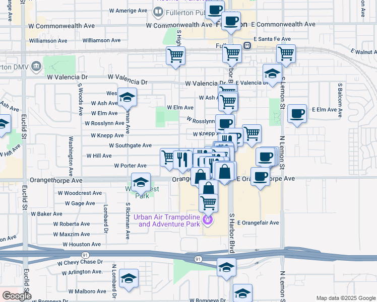 map of restaurants, bars, coffee shops, grocery stores, and more near 52 West Hill Avenue in Fullerton