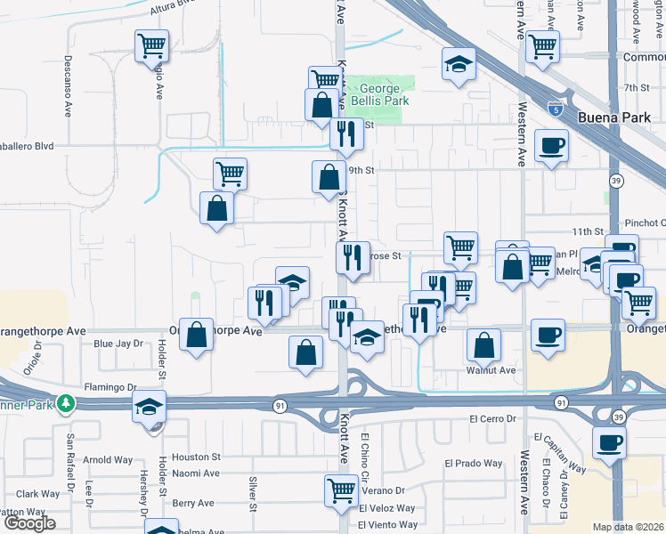 map of restaurants, bars, coffee shops, grocery stores, and more near 6880 Knott Avenue in Buena Park