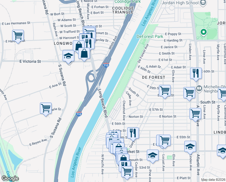 map of restaurants, bars, coffee shops, grocery stores, and more near Los Angeles River Bicycle Path in Long Beach