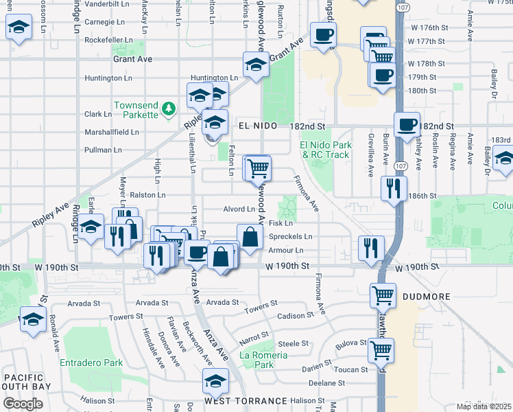 map of restaurants, bars, coffee shops, grocery stores, and more near 2617 Alvord Lane in Redondo Beach