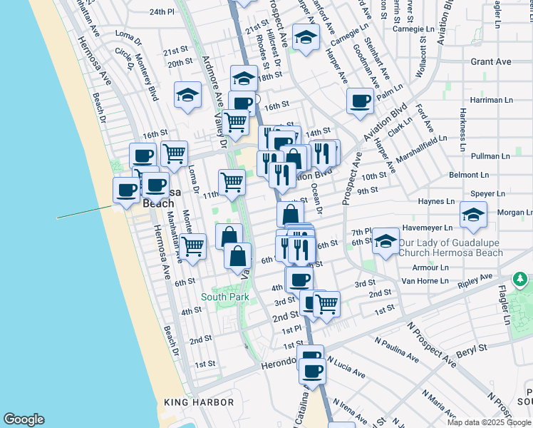 map of restaurants, bars, coffee shops, grocery stores, and more near 619 8th Place in Hermosa Beach