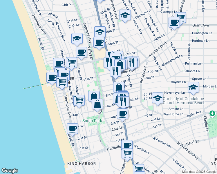 map of restaurants, bars, coffee shops, grocery stores, and more near 619 8th Place in Hermosa Beach