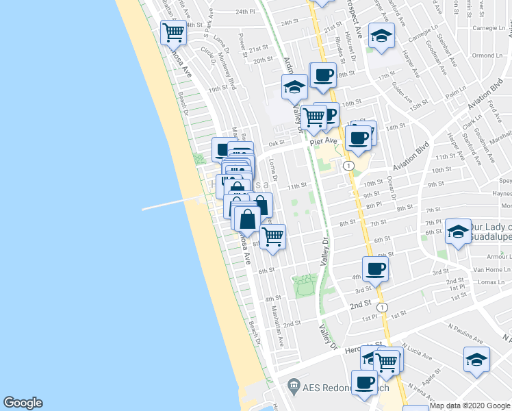 map of restaurants, bars, coffee shops, grocery stores, and more near in Hermosa Beach
