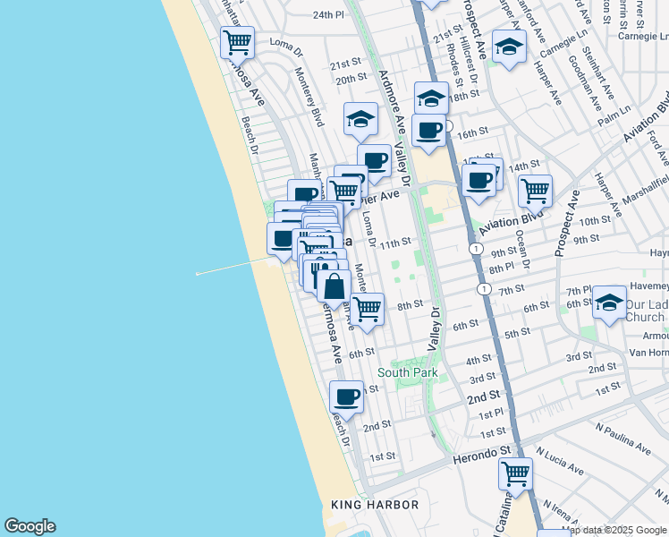 map of restaurants, bars, coffee shops, grocery stores, and more near 1018 Hermosa Avenue in Hermosa Beach