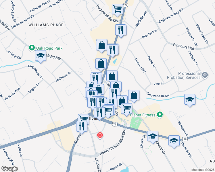 map of restaurants, bars, coffee shops, grocery stores, and more near 2580 Congaree Park in Snellville