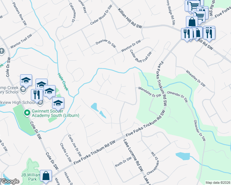 map of restaurants, bars, coffee shops, grocery stores, and more near 1073 Forest View Lane Southwest in Lilburn