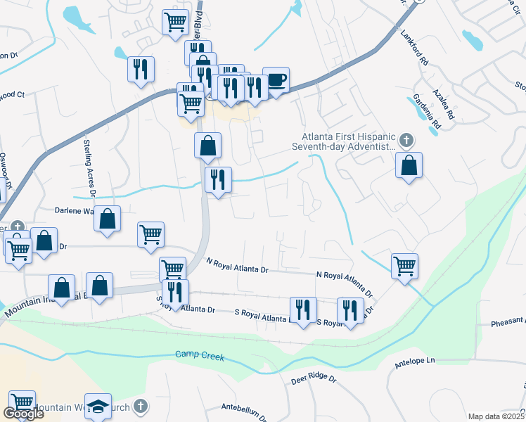 map of restaurants, bars, coffee shops, grocery stores, and more near 2550 Presidents Walk in Tucker