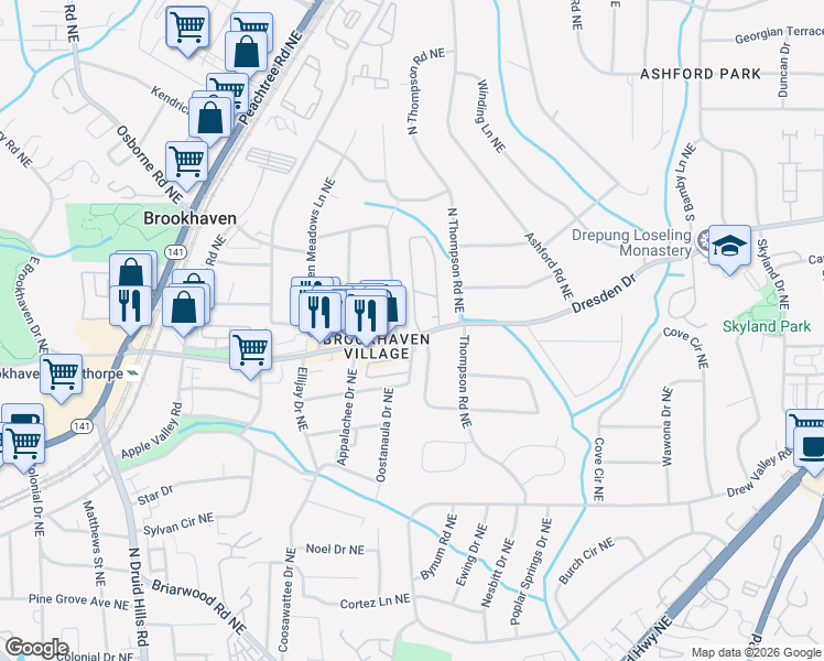 map of restaurants, bars, coffee shops, grocery stores, and more near 1475 Village Park Court Northeast in Atlanta