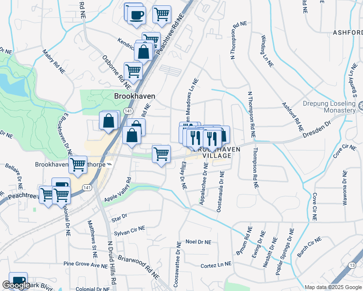 map of restaurants, bars, coffee shops, grocery stores, and more near 1370 Dresden Drive in Atlanta