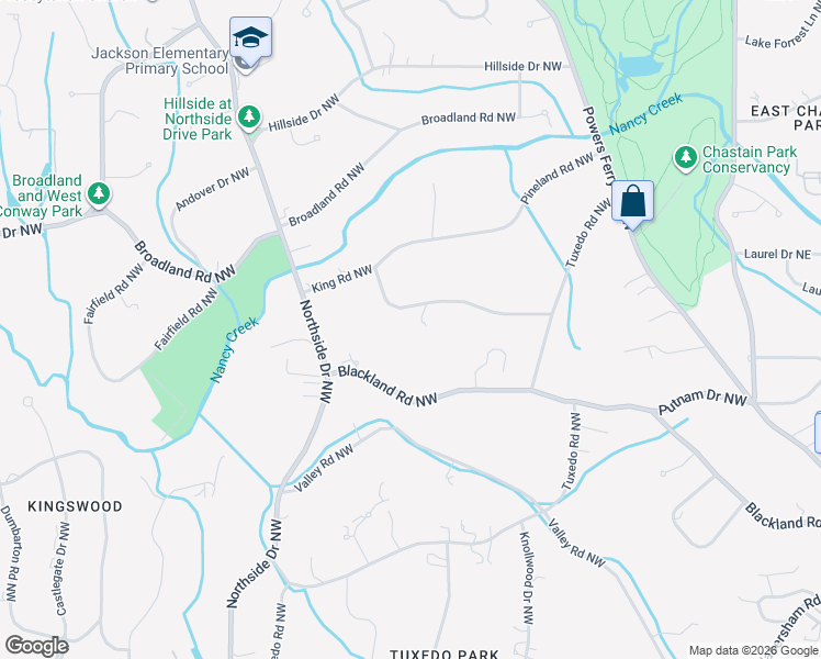 map of restaurants, bars, coffee shops, grocery stores, and more near 386 King Road Northwest in Atlanta
