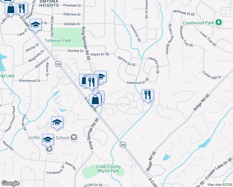 map of restaurants, bars, coffee shops, grocery stores, and more near 1295 South Lea Court Southeast in Smyrna