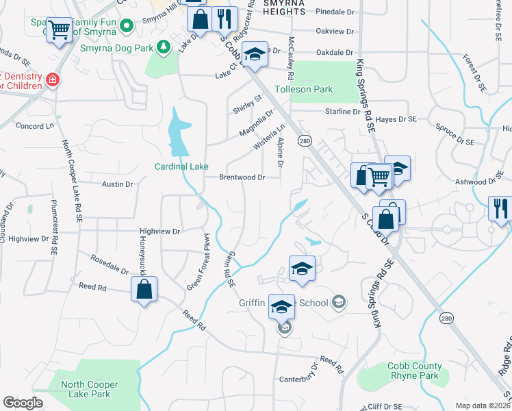 map of restaurants, bars, coffee shops, grocery stores, and more near 2320 Woodcrest Drive in Smyrna