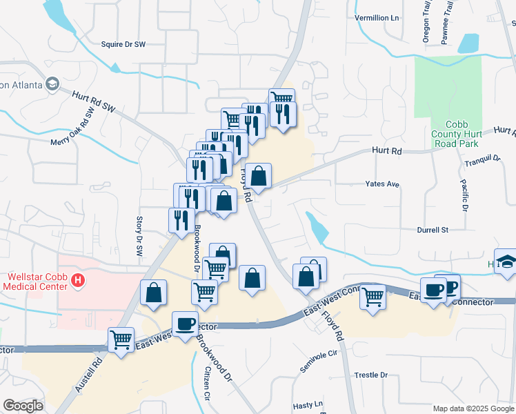 map of restaurants, bars, coffee shops, grocery stores, and more near 1355 Hesse Lane in Austell