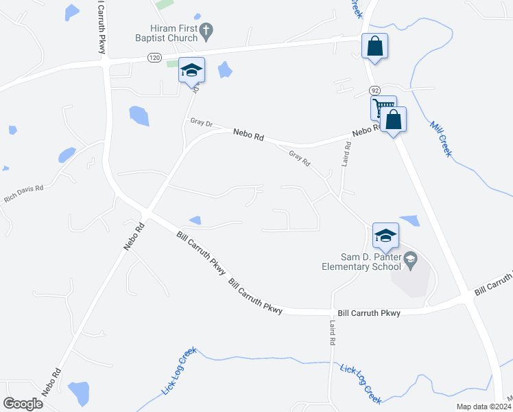 map of restaurants, bars, coffee shops, grocery stores, and more near 55 Bonds Court in Hiram