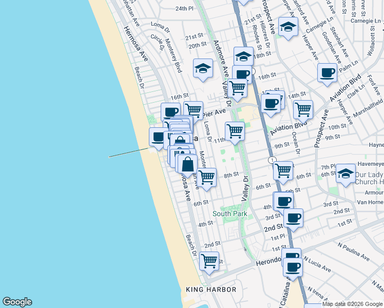 map of restaurants, bars, coffee shops, grocery stores, and more near 1028 Manhattan Avenue in Hermosa Beach