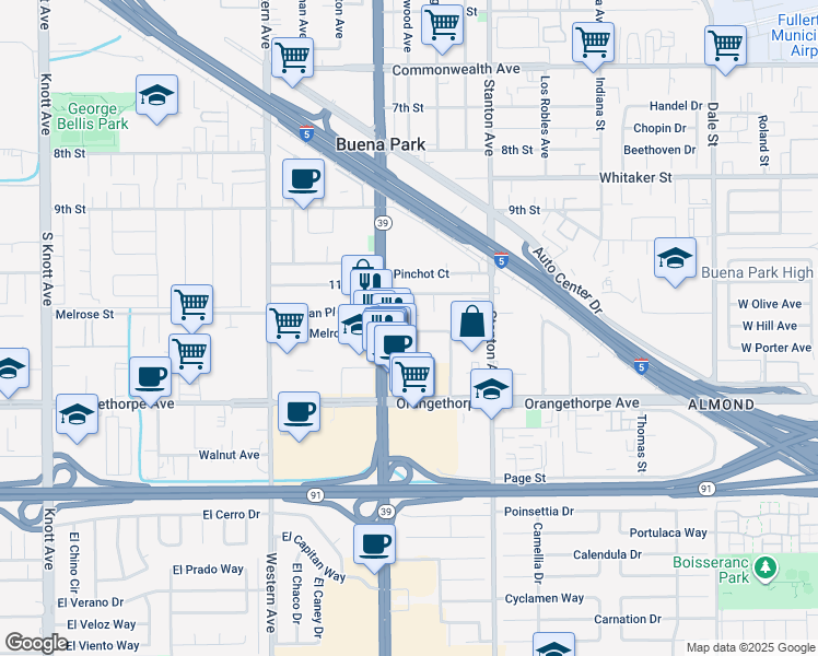 map of restaurants, bars, coffee shops, grocery stores, and more near 7791 Melrose Street in Buena Park