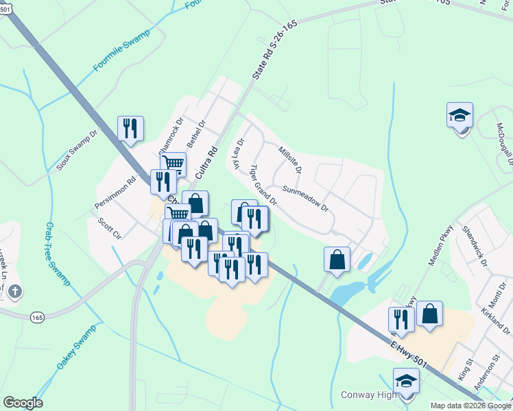 map of restaurants, bars, coffee shops, grocery stores, and more near 2780 U.S. 501 in Conway
