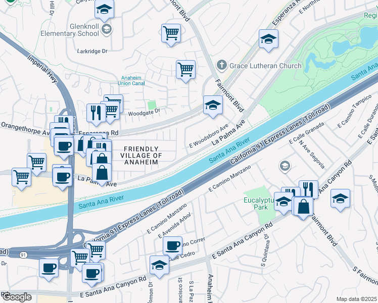 map of restaurants, bars, coffee shops, grocery stores, and more near 1204 North Big Spring Street in Anaheim