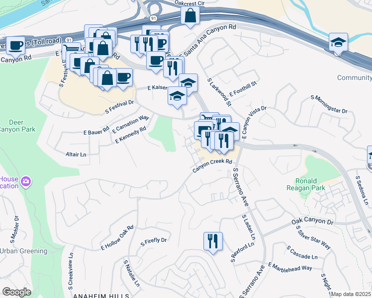 map of restaurants, bars, coffee shops, grocery stores, and more near 625 South Glenhurst Drive in Anaheim