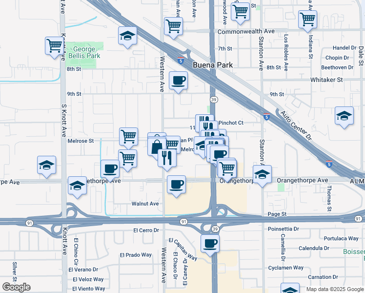 map of restaurants, bars, coffee shops, grocery stores, and more near 7579 Melrose Street in Buena Park