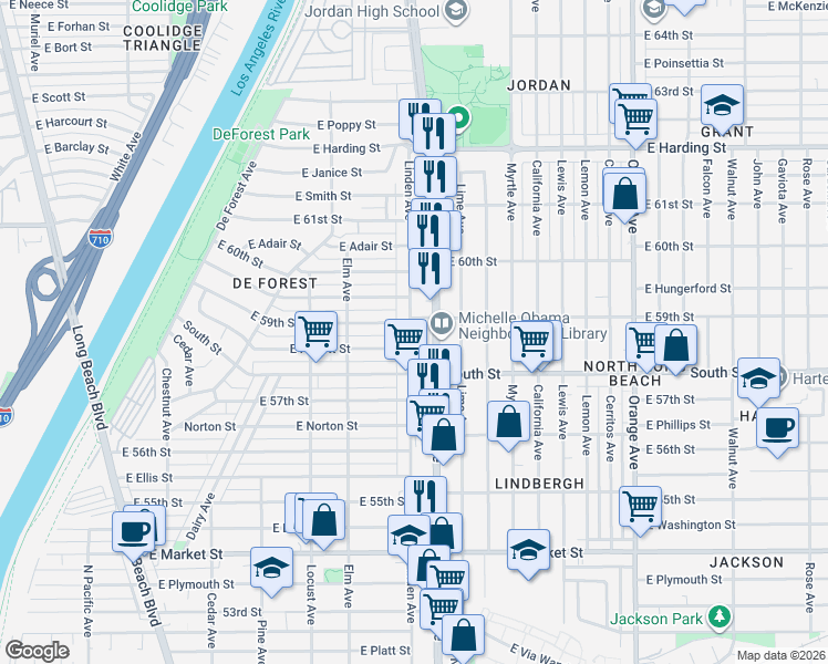 map of restaurants, bars, coffee shops, grocery stores, and more near 5876 Linden Avenue in Long Beach