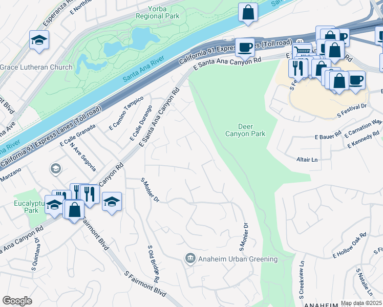map of restaurants, bars, coffee shops, grocery stores, and more near 185 South Trish Court in Anaheim