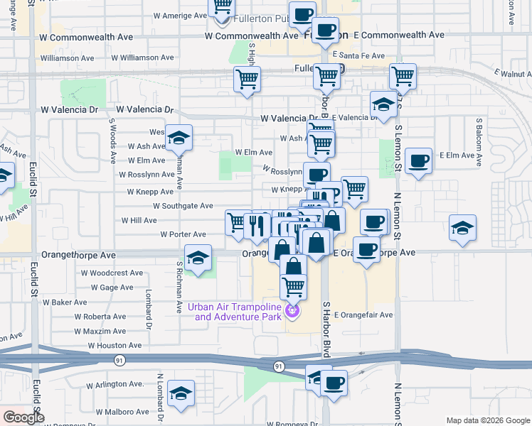 map of restaurants, bars, coffee shops, grocery stores, and more near 52 West Hill Avenue in Fullerton