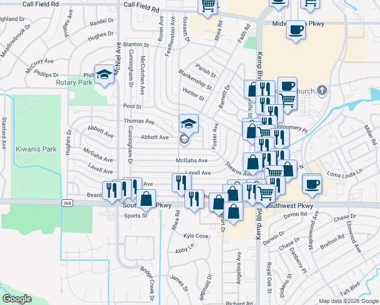 map of restaurants, bars, coffee shops, grocery stores, and more near 2962 McGaha Avenue in Wichita Falls