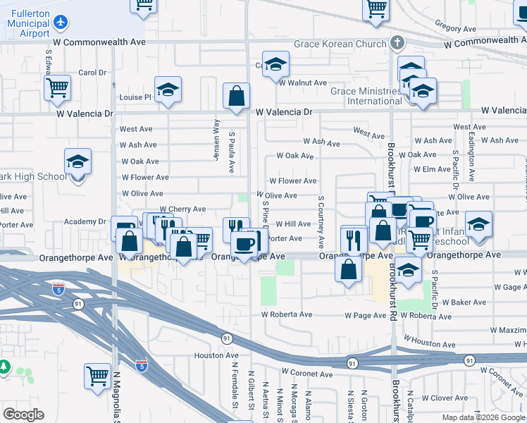map of restaurants, bars, coffee shops, grocery stores, and more near 1001 South Pine Drive in Fullerton
