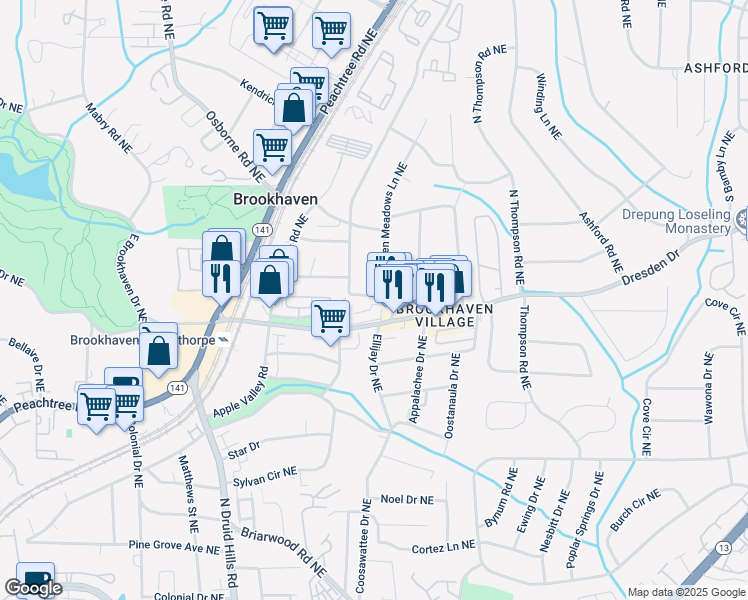 map of restaurants, bars, coffee shops, grocery stores, and more near 1370 Dresden Drive in Atlanta