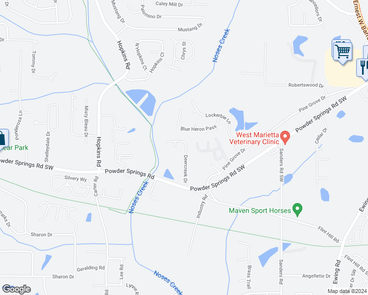 map of restaurants, bars, coffee shops, grocery stores, and more near 3833 Deercreek Drive in Powder Springs