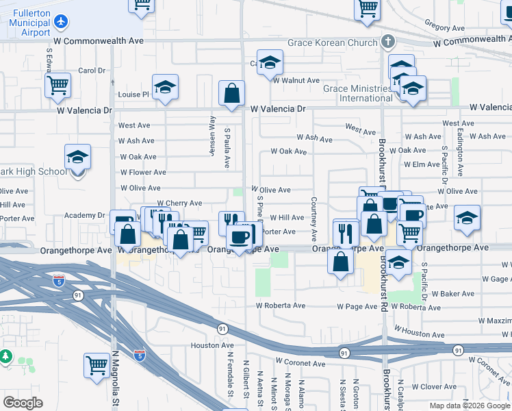 map of restaurants, bars, coffee shops, grocery stores, and more near 1001 South Pine Drive in Fullerton